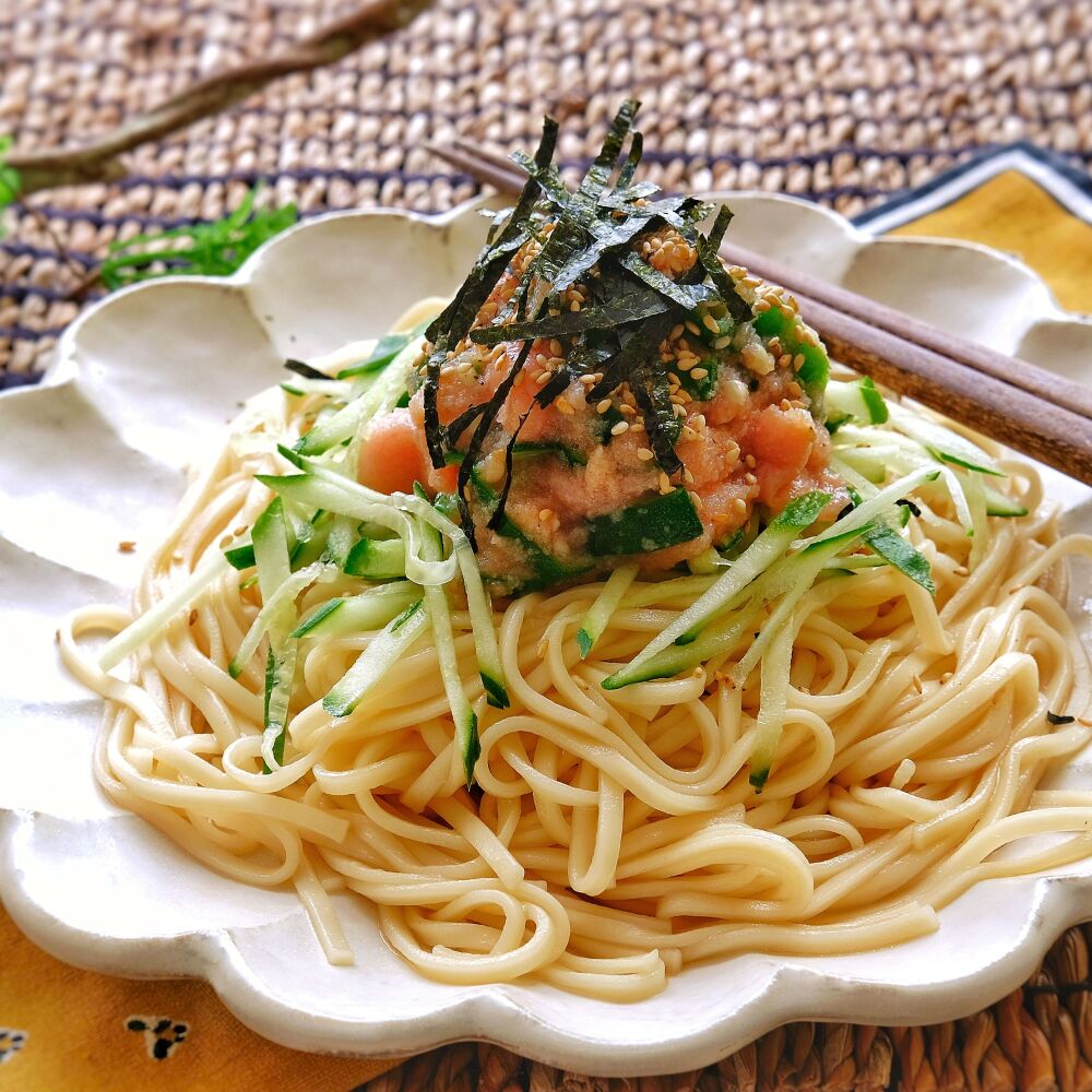 冷やしオクラの明太子うどん