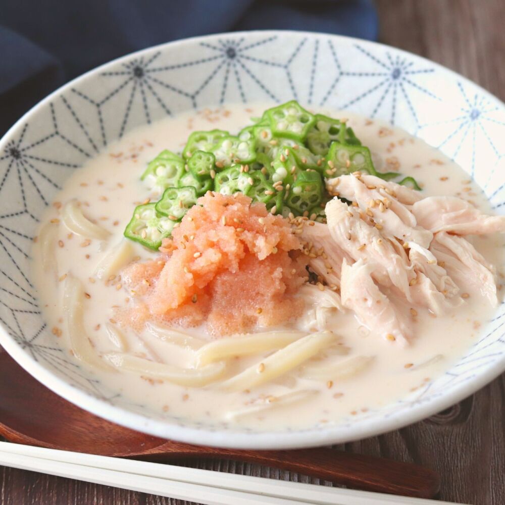 鶏ささみとオクラの冷たい明太クリームうどん　豆乳使用