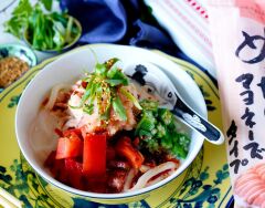 明太子とツナトマトの冷やし豆乳坦々うどん【火を使わない】