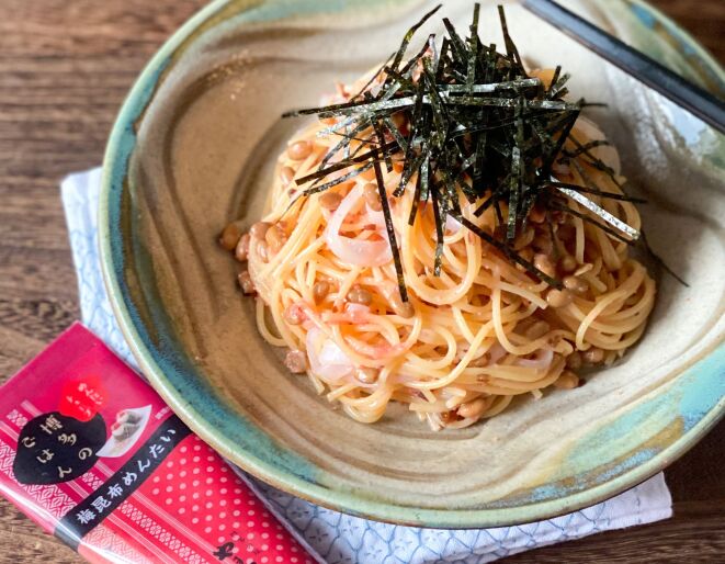 【包丁不要】レンチン＋和えるだけ！梅めんたい風味のイカ納豆パスタ