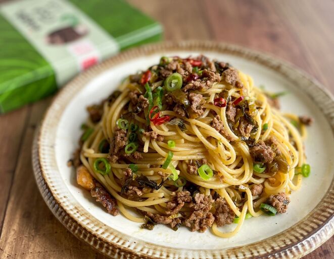 高菜とひき肉の和風パスタ